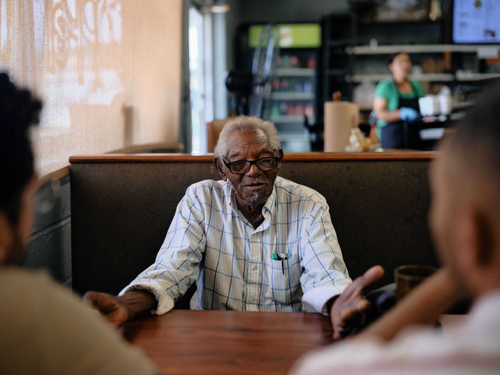 Elderly veteran in conversation